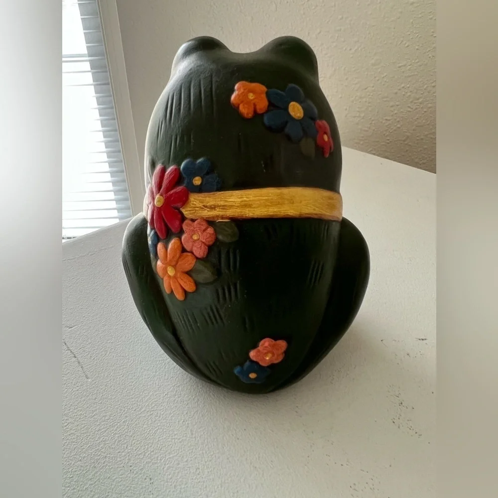 Frog Toad Figurine Smiling Hand Painted Ceramic | Signed | Bowtie Flowers